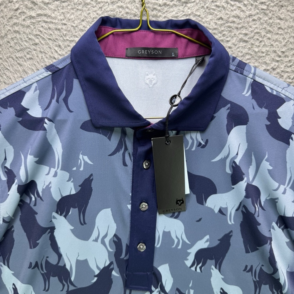 Greyson Golf Polo Shirt Mens Large Blue Wolf AOP Short Sleeve NWT MSRP $120